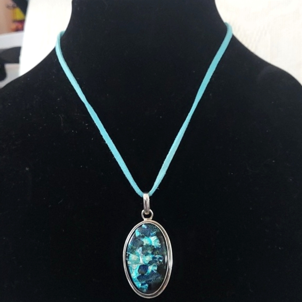 Dichroic Glass large Oval Sterling Silver Pendant Suede Cord Necklace